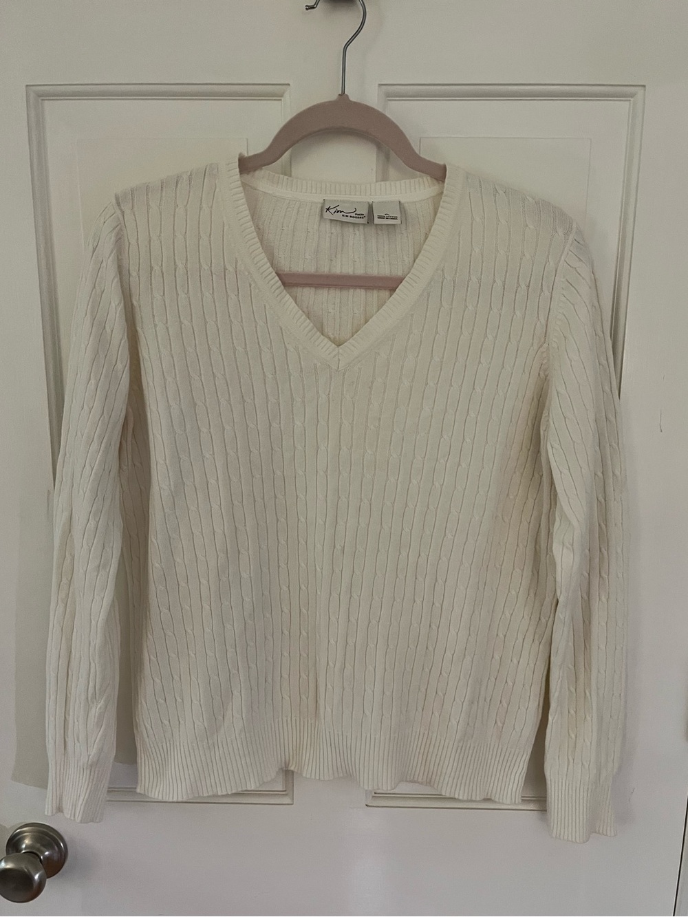 🌟Vintage Kim Rogers Cream Cotton Cable Knit VNeck Sweater Size Petite Large